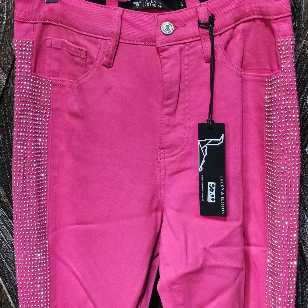 NEW LUCKY AND BLESSED Pink Rhinestone Side Panel Flare Jeans (Tummy Control) - Picture 3 of 7